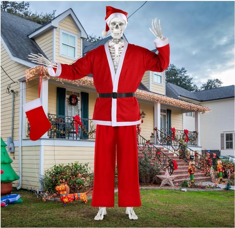 Photo 1 of Vivantia 12 ft Giant Christmas Skeleton Costume Set, Extra Large Xmas Skeleton Clothes Accessories Including Santa Hat Top Pants Belt Stocking Storage Bag for Christmas Yard Lawn Garden Outdoor Decor