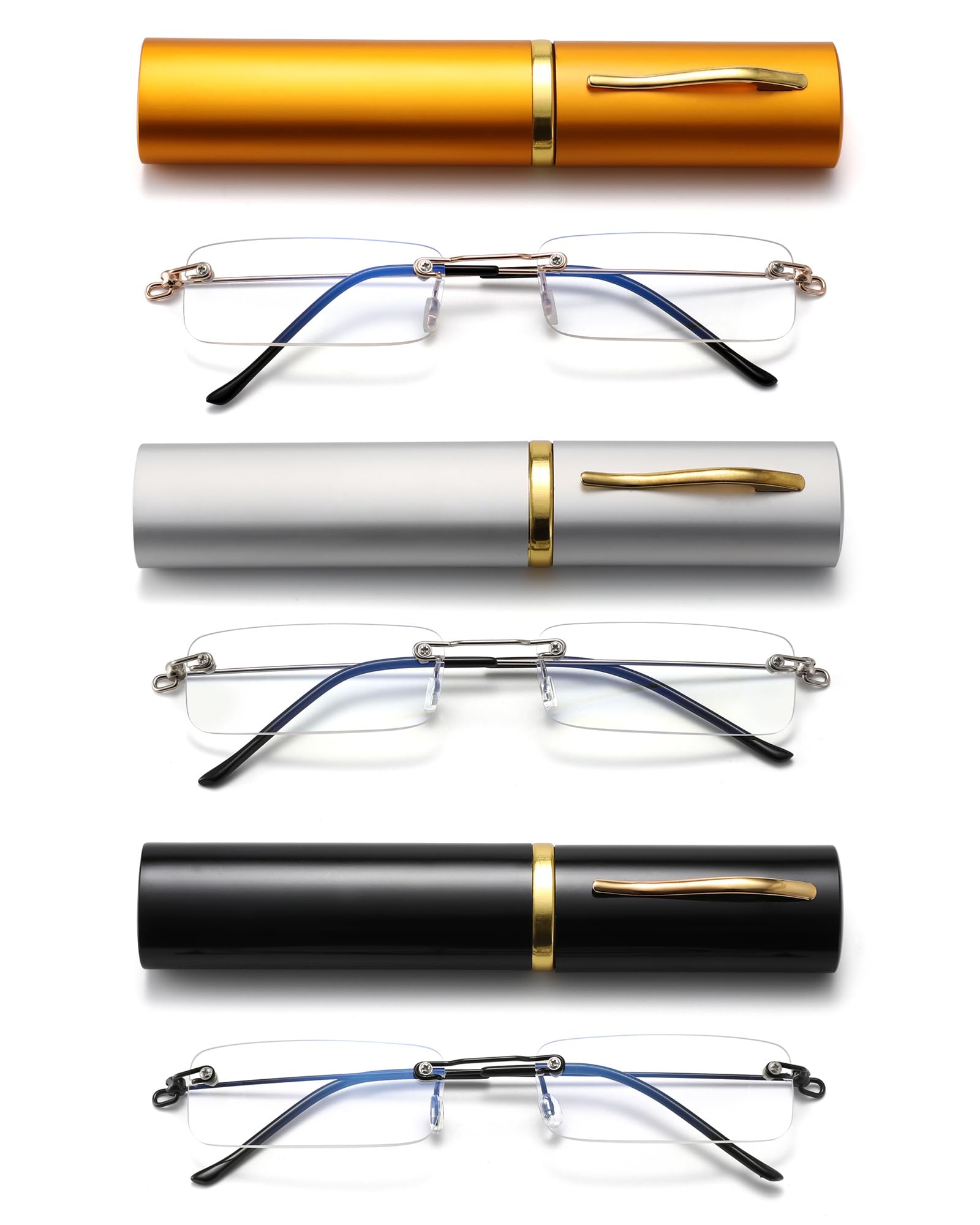 ZUVGEES 3 Pack Rimless Blue Light Blocking Reading Glasses for Men and Women Slim Mini Metal Computer Readers with Glasses Case(3 Pack（Black+Silver+Gold),3.00