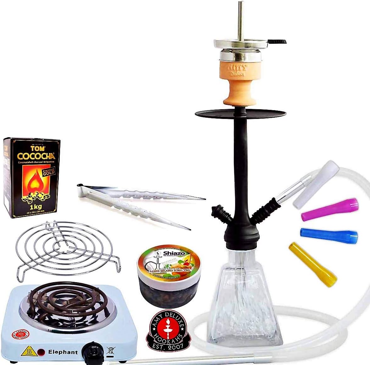 Amy Deluxe I Need You 038 60cm Click Premium Shisha Set with Fireplace, Silicone Hose Set, Shiazo Steamstones, Tom Cococha Gold & Elephant Charcoal Lighter - Weiß Rs Schwarz