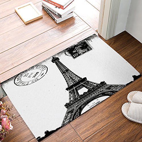 DaringOne Frech Paris Eiffel Tower City of Love Black White Non-Slip Machine Washable Bathroom Kitchen Decor Rug Mat Welcome Doormat 18x30inch