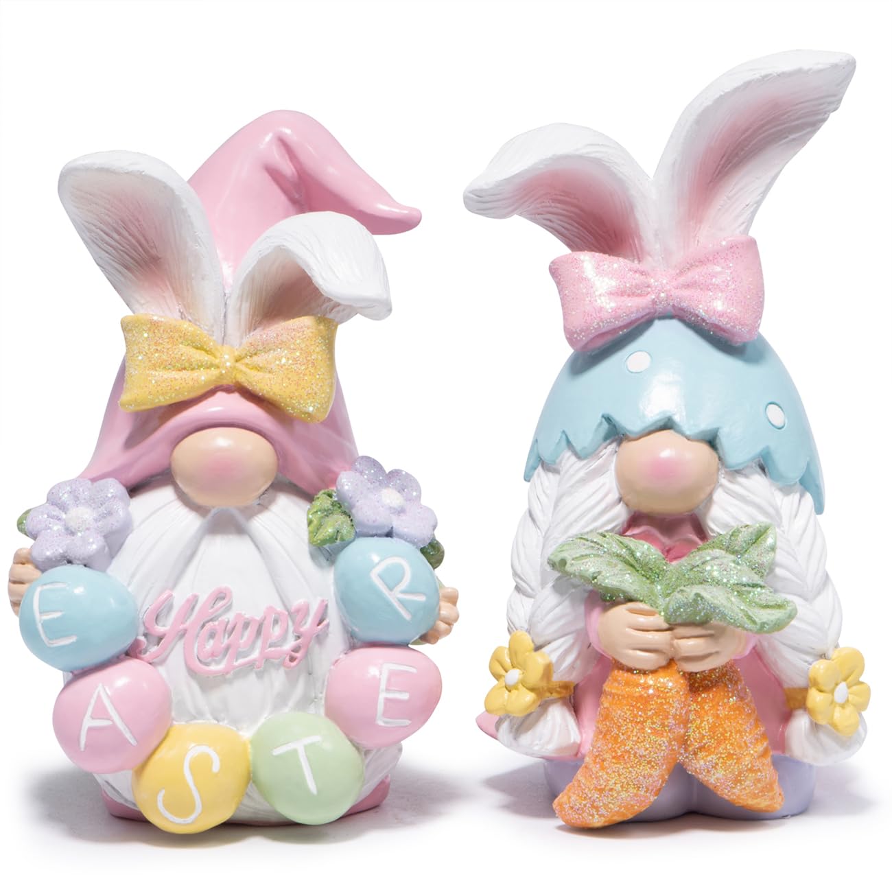 Hodao Easter Gnomes with Bunny Ears – Adorable Set of 2, Hand-Carved Floral Eggs, Glitter Bows & Sparkle Carrot – Premium Resin Decor for Living Room/Table/Shelf (White)