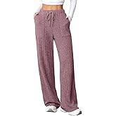 Aleumdr Womens Ribbed Wide Leg Lounge Pants with Pockets Casual Relaxed Comfy Loose Soft Knit Pajama Pants with Drawstring