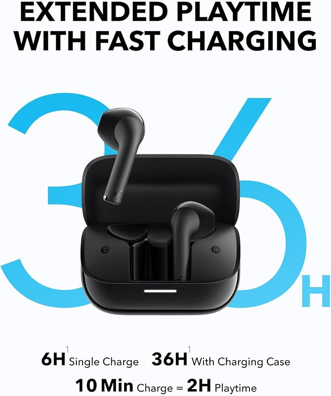 K20i di Anker, auricolari wireless semi-in-ear, Bluetooth 5.3, 36 ore di riproduzione, ricarica rapida, suono nitido e chiamate con 2 microfoni ENC, EQ personalizzata, IPX5, controllo app