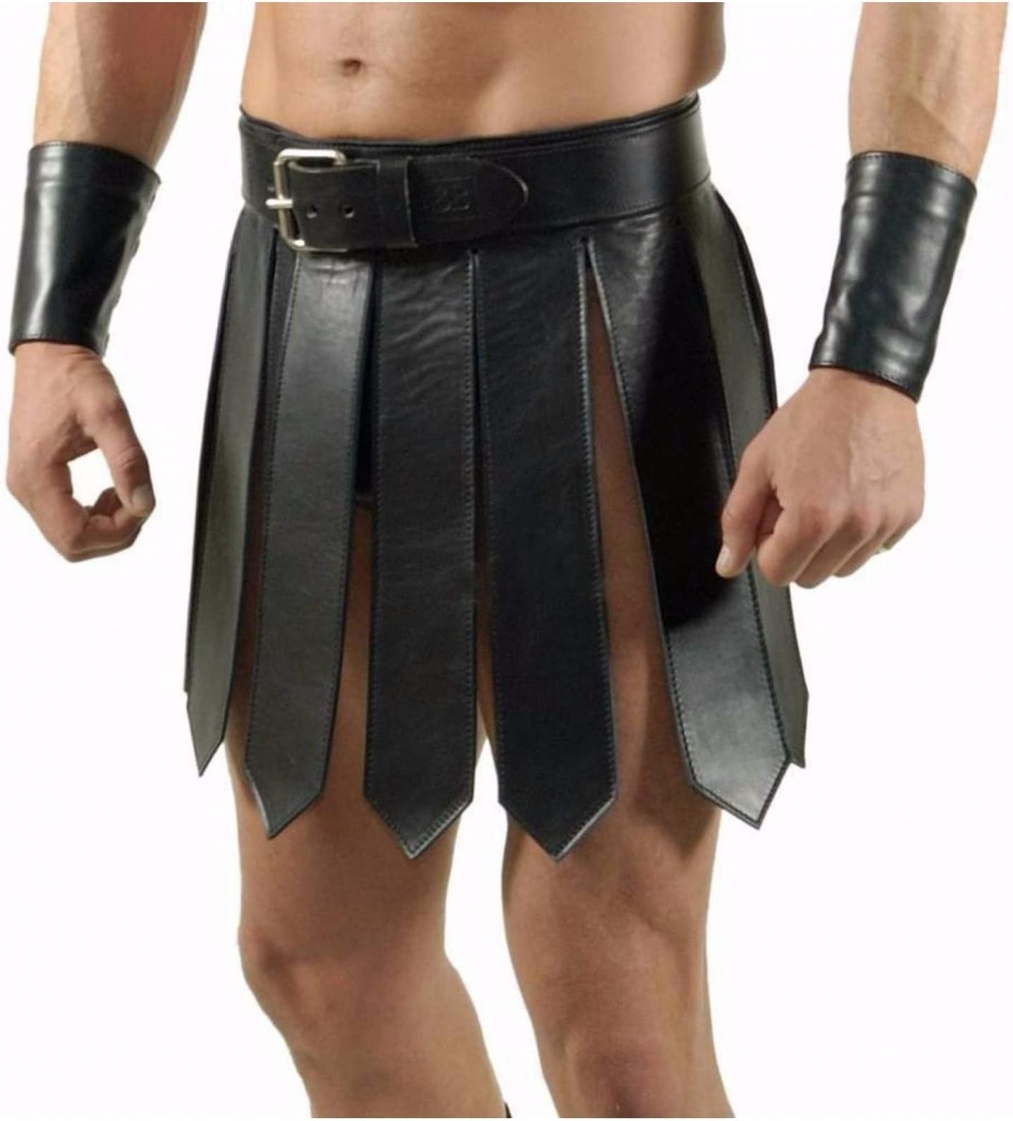 Real Black Leather Mens Roman Gladiator Kilt Set LARP Heavy Duty Leather Kilt Gay Club Wear Lrap