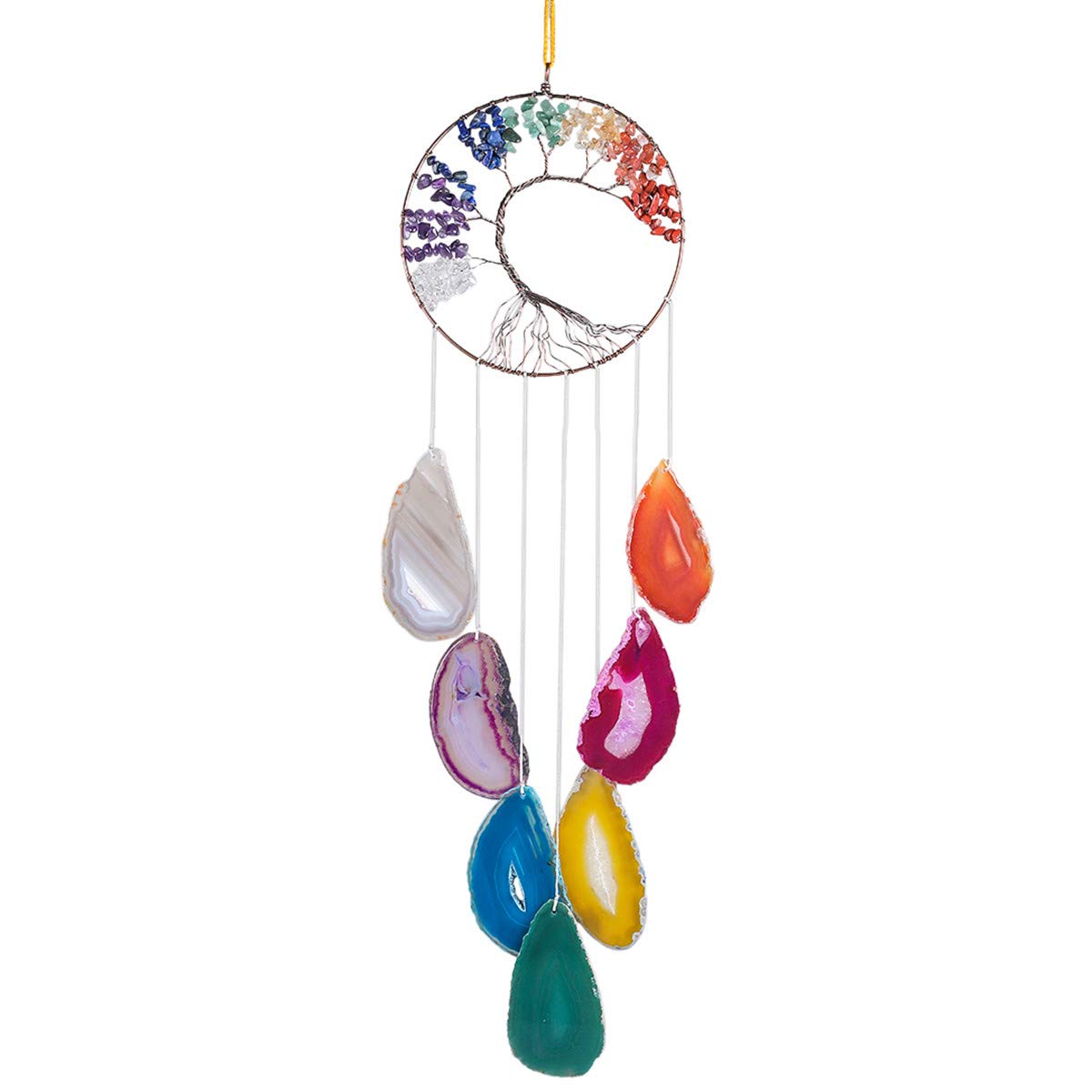Nupuyai Tree of Life Agate Slices Wind Chimes, 7 Chakra Healing Crystal Hanging Ornament Wall Art Home Window Decor Multicolour