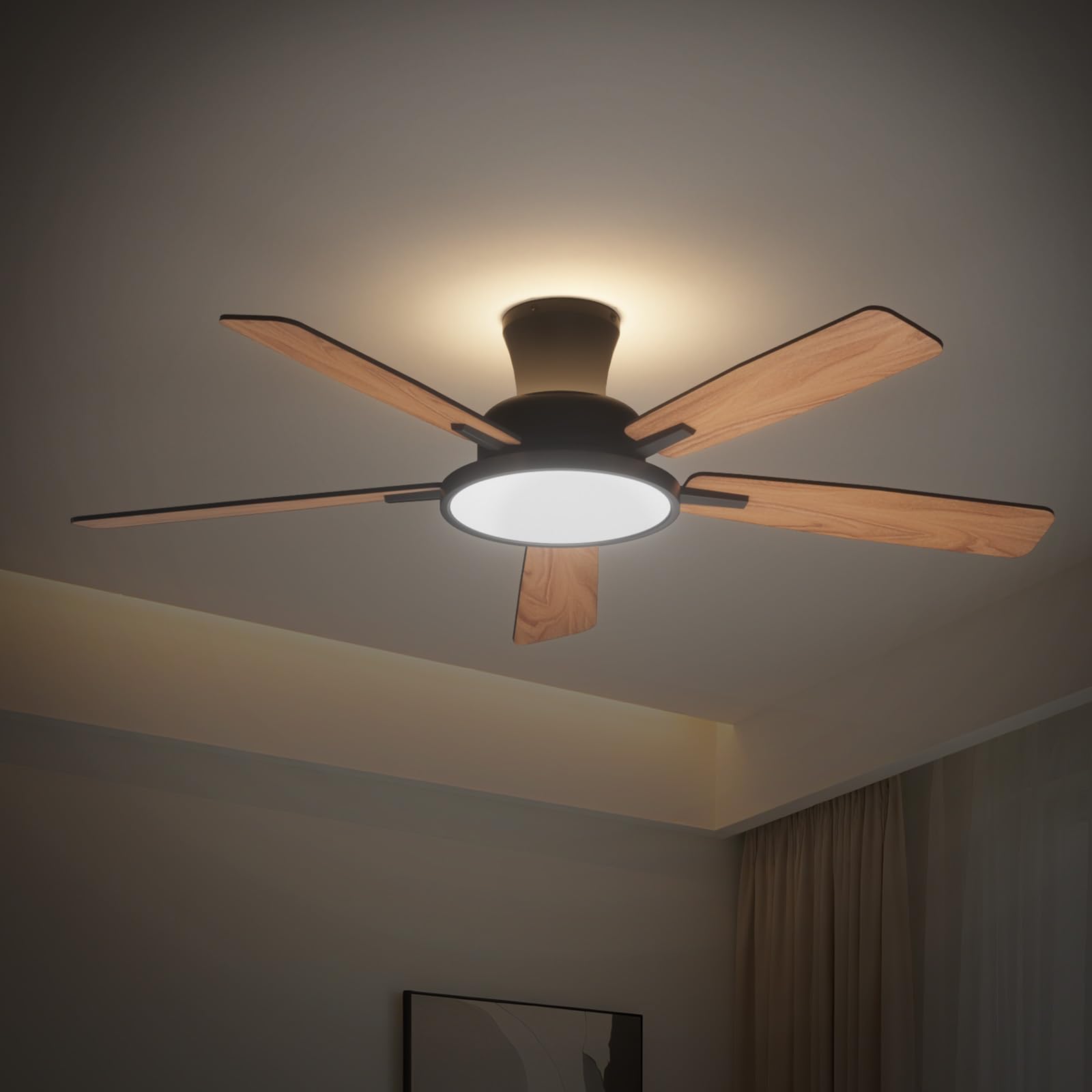 Photo 1 of TALOYA Ceiling Fans with Lights and Remote, 52 inch Low Profile Ceiling Fan with Nightlight, Flush Mount, Reversible, 3CCT, Dimmable Black Modern Ceiling Fan for Bedroom, Living Room, Outdoor Patio
