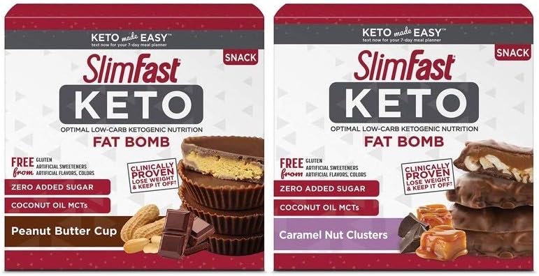 SlimFast Keto Fat Bomb Snacks, 17 Grams, 14 Pack Box - 2 Pack Bundle (Peanut Butter & Chocolate Caramel Nut Clusters)