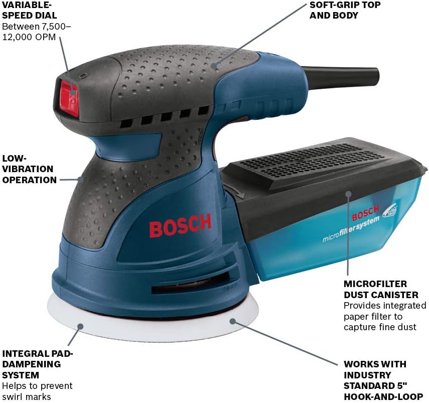 Bosch ROS20VSC Palm Sander - 2.5 Amp 5 in. Corded Variable Speed Random Orbital Sander/Polisher Kit with Dust Collector and Soft Carrying Bag, Blue - Power Random Orbit Sanders - 
