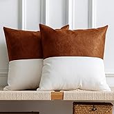 DEZENE Leather Throw Pillow Covers, Set of 2 Modern Leather/Cotton Decorative Pillowcases for Home Decor Bedroom Living Room Couch Bed Sofa, 18x18 Inch, Cognac-Brown and White