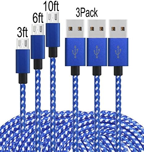 Frieso 3Pack 3FT 6FT 10FT Premium Micro USB Charging Cable High Speed Extra Long USB Charger for Android,Samsung,Nexus, HTC, Motorola, Nokia,HUAWEI and More.(Blue white)