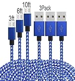Frieso 3Pack 3FT 6FT 10FT Premium Micro USB Charging Cable High Speed Extra Long USB Charger for Android,Samsung,Nexus, HTC, Motorola, Nokia,HUAWEI and More.(Blue white)