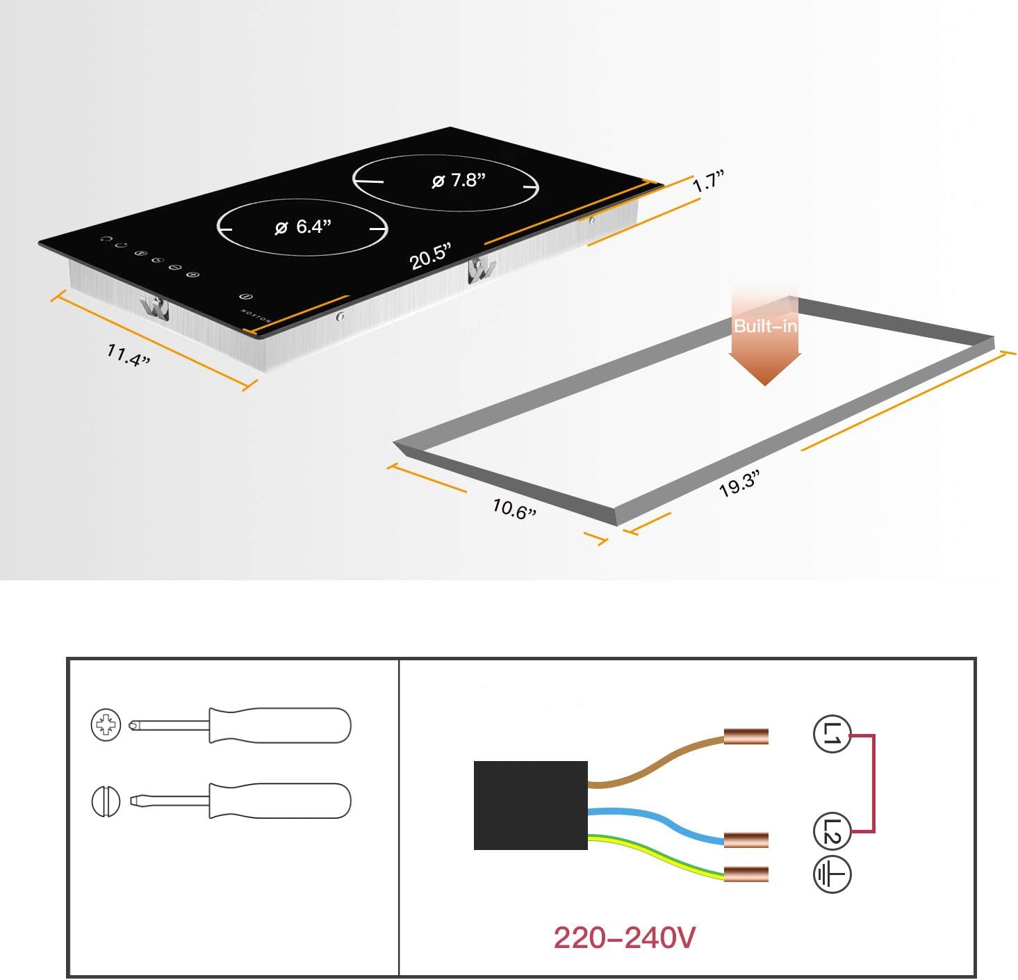 NOXTON Ceramic Cooktop, Built-in 2 Burners Electric Cooktops Stove Electric Hob Cooker With Touch Control Child Lock Timer Easy To Clean 3000W with Hard Wire for 220V~240V: Appliances