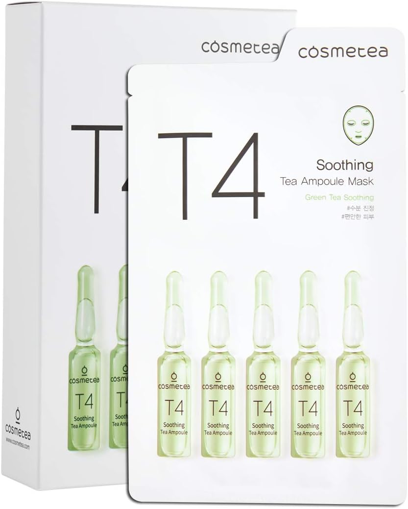 COSMETEA Korean Essence Face Mask - T4 Green Tea Soothing Ampoule Full Facial Masks 10 Pack Treatments, Care Your Skin Anti-oxidant, Anti-Aging, Anti-Wrinkle, Purifying, Moisturizing for Women and Men
