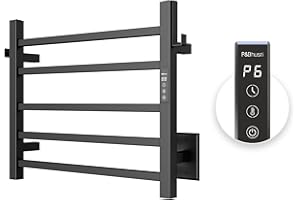P&Bhusri Heated Towel Rack, 5-Bar Towel Warmer Rack for Bathroom, Wall Mounted Electric Towel Rack with Timer and LED Indicator, Stainless Steel Matte Black, Hard-Wired/Pulg-in