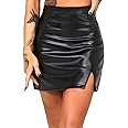 HAWILAND Women's Faux Leather Skirt High Waist Tummy Control Bodycon Mini Short Skirt with Slit