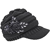 C-US Women Winter Warm Knit Hat Crochet Visor Brim Cap with Flower Accent
