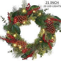 MAOYUE Christmas Wreath with LED Lights 21 Inches Red Berry Wreath Garland Pre-Lit Holiday Decorations Wreath for Christmas Indoor Outdoor Decorations