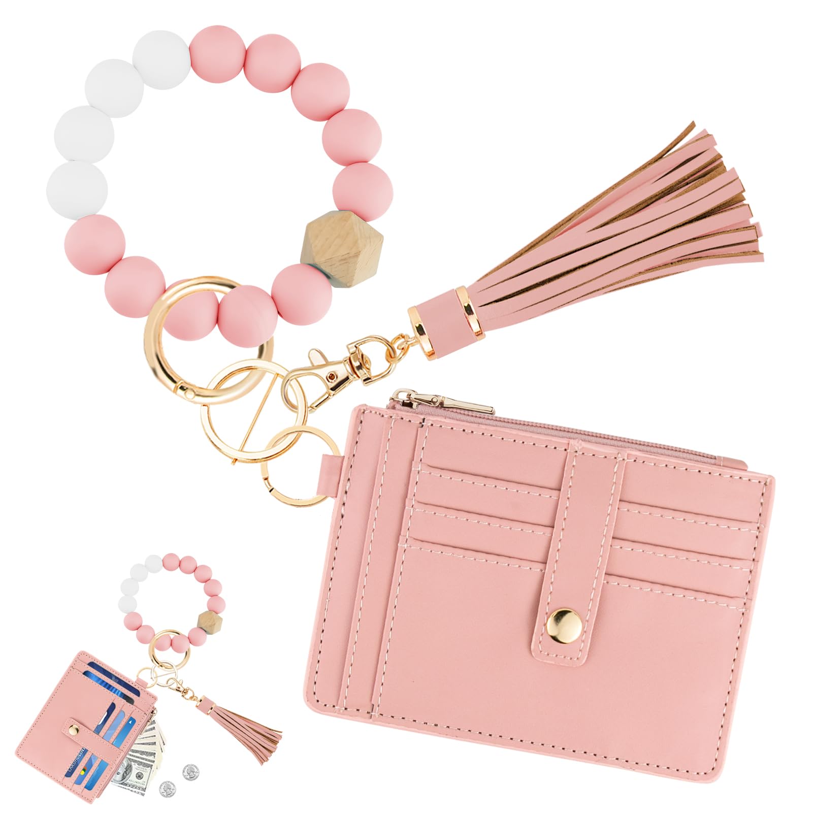 Photo 1 of KNGITRYI Wallet Keychain Wristlet for Women,Slim RFID Credit Card Holder Purse Tassel Keychain Bangle Key Ring for Men Women(Pink)