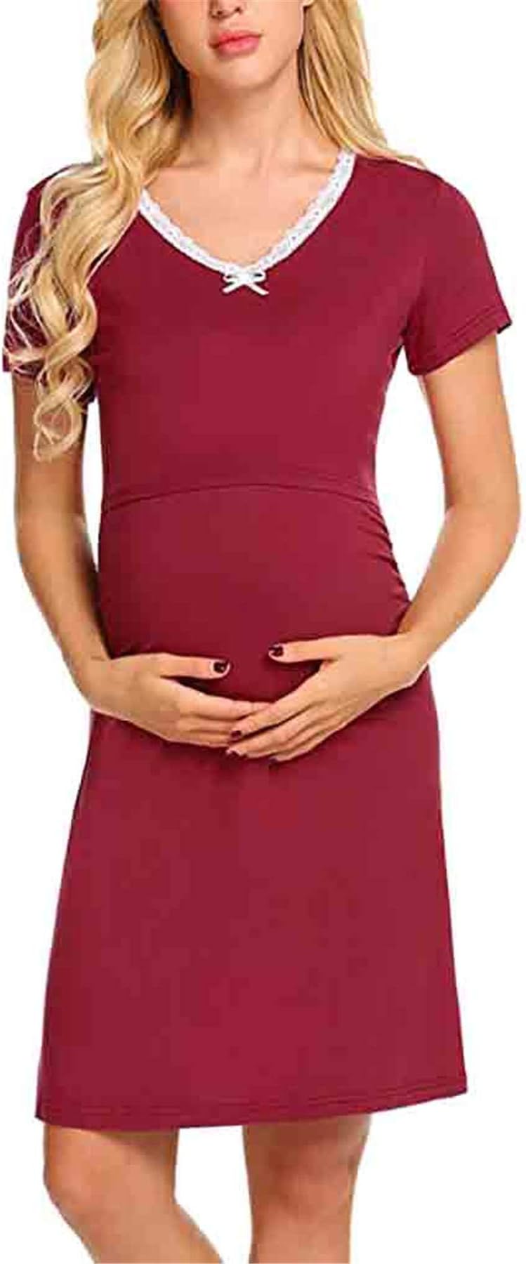 Maternity Dresses, Womens Plain Labor Delivery Maternity Nursing Dress Lace Neck Pregnancy Gown Hospital Breastfeeding Dress by Clemunn