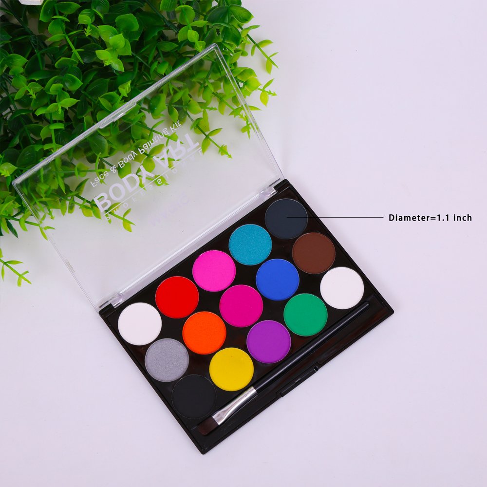 Face Body Paints Kits Kids Hypoallergenic Make Up Palette-Safe & Non-Toxic, Ideal for Halloween Party Face Painting - Easy to Wear and Remove-15 Colors with Two Fine Brush