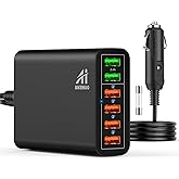 Multi Ports USB Car Charger, 96W 6 Port QC3.0 Fast Adapter Multiple Ports, with Four Quick Charge 3.0 Port, 12V-24V Multi Device Cigarette Lighter for Smart Phone & Tablets Charging