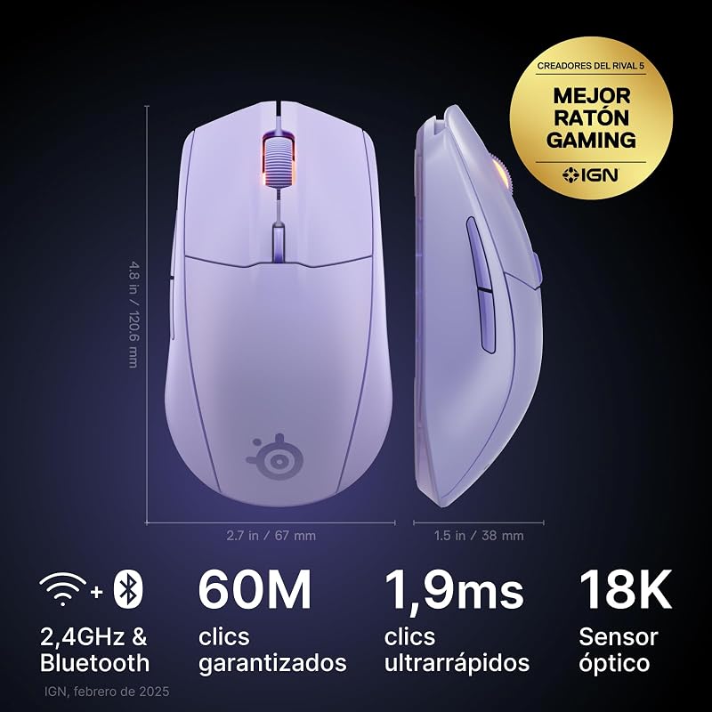 Rival 3 Wireless Gen 2 - Rato para jogos - 2.4GHz e Bluetooth - Sensor ótico TrueMove Air de 18000 dpi - 60 M de durabilidade de cliques - Leve - Sliders 100% PTFE - Lavanda