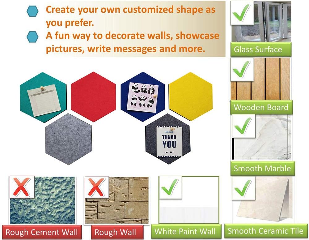 UniLiGis 6 Colors Hexagon Bulletin Board, Felt Cork Board Tiles, Pin Board Wall Decor for Photos, Memos, Display, Include 18 Pins 7x6.1x0.32 inches Group 1 : Office Products