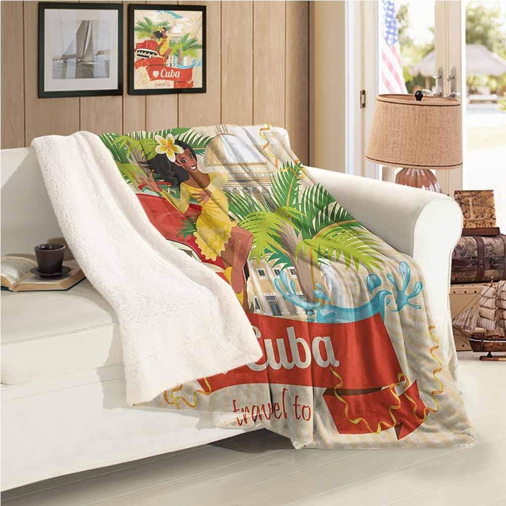 Havana Sherpa Warm Blanket Throw Size Cuban Culture and Attractions Concept Smiling Local Lady on Classic Car among Palms Personalized Baby Blanket Multicolor