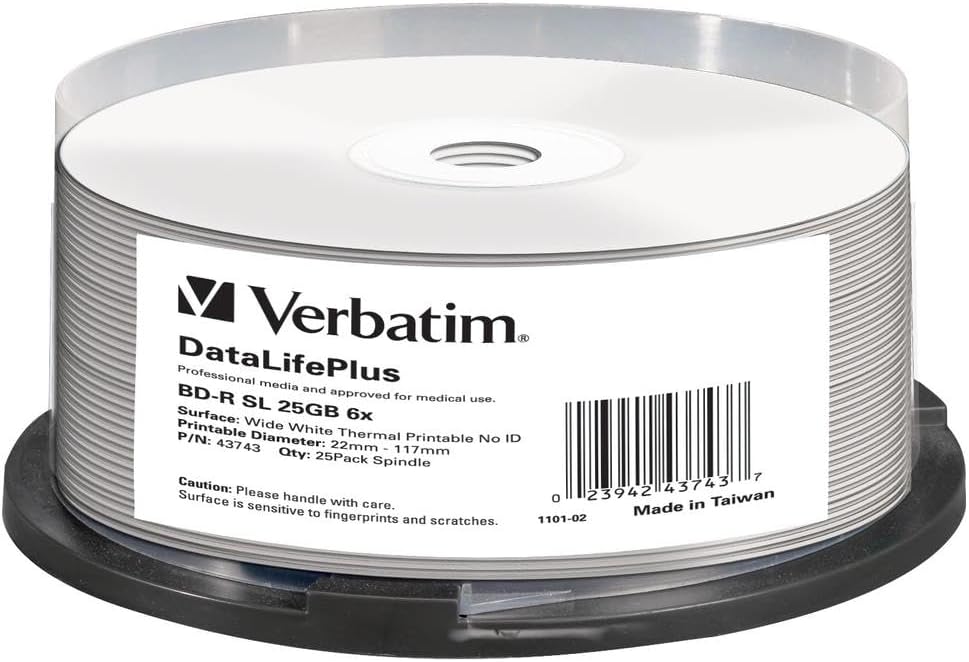 Verbatim BD-R Blank Blu-ray Discs 25GB 6x Printable 25 Pack Spindle