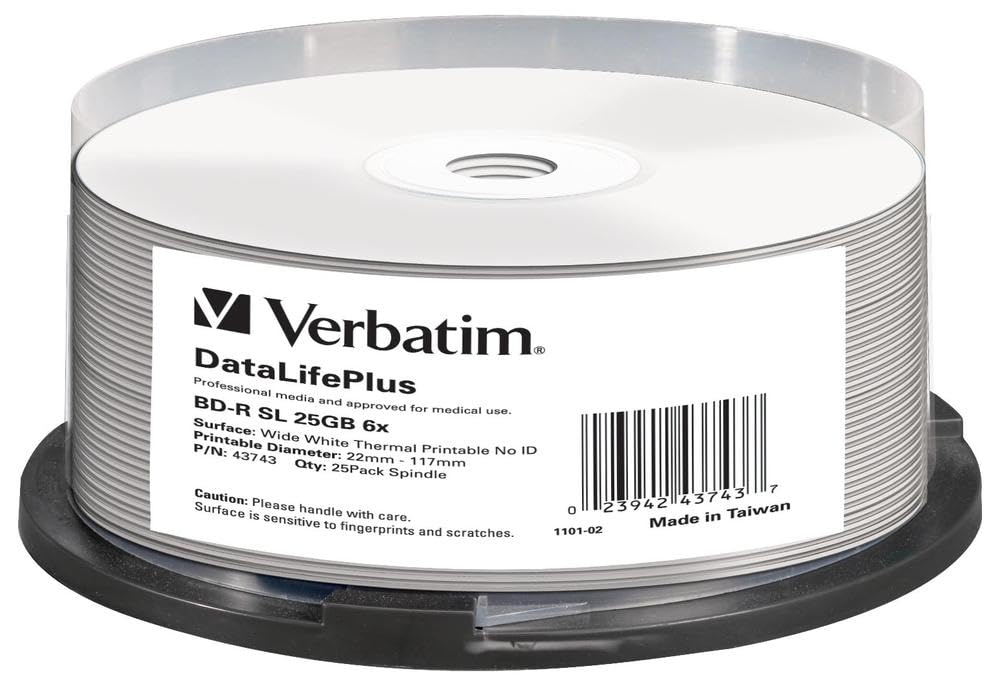 Verbatim BD-R Blank Blu-ray Discs 25 GB - 6x Burning Speed, Printable, 25-Pack Spindle 43743