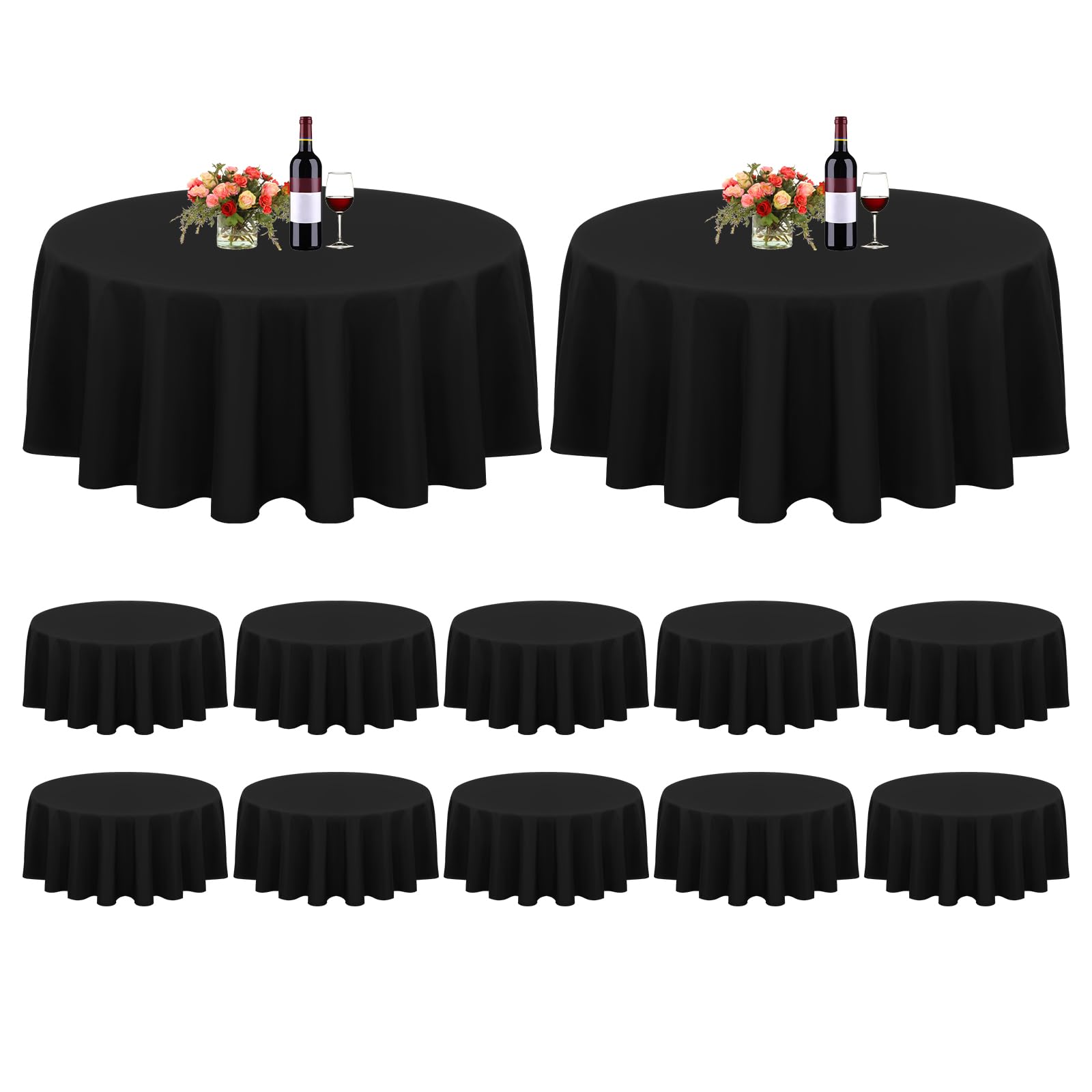 12 Pack Round Tablecloth Black Tablecloths 90 Inch,Circle Polyester Table Cloth,Washable Fabric Stain and Wrinkle Resistant Premium Round Table Cover for Wedding Parties Banquet Reception Dining Image