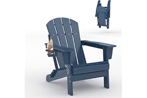 Folding Adirondack Chair, HDPE Outdoor Patio Chair with Cup Holder, All-Weather Wooden Textured Resistant for Backyard, Lawn,
