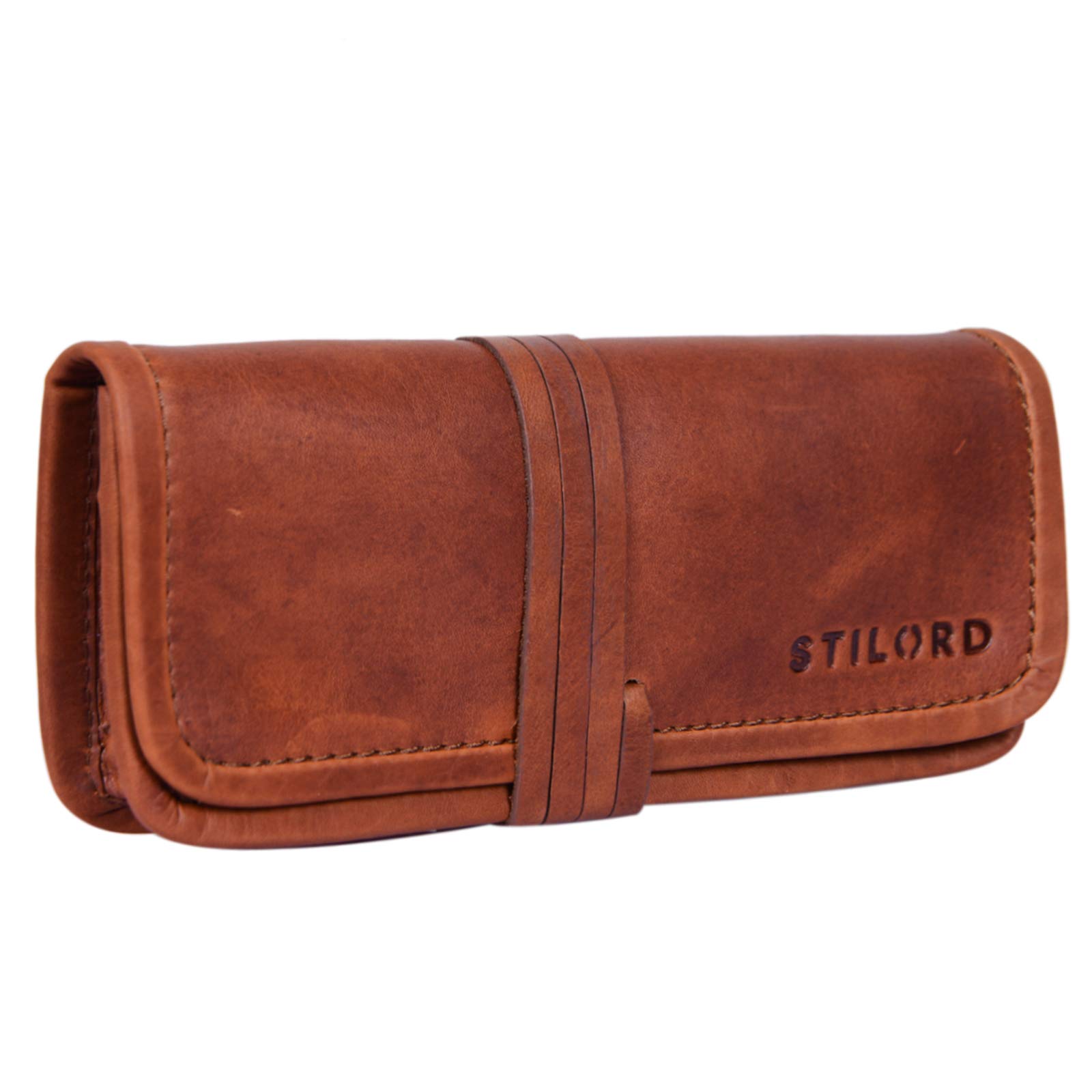 STILORD "Lenny" Pencil case Leather Vintage Small Ideal as a Little Wallet Purse Stylish Pen case and Cosmetic case in Genuine Buffalo Leather Colour:Cognac-Brown