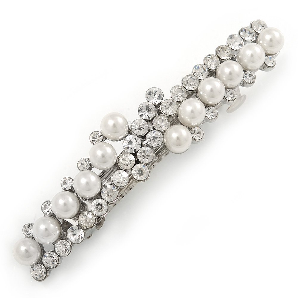 Bridal Wedding Prom Silver Tone Glass Pearl Crystal Barrette Hair Clip Grip - 70mm Across