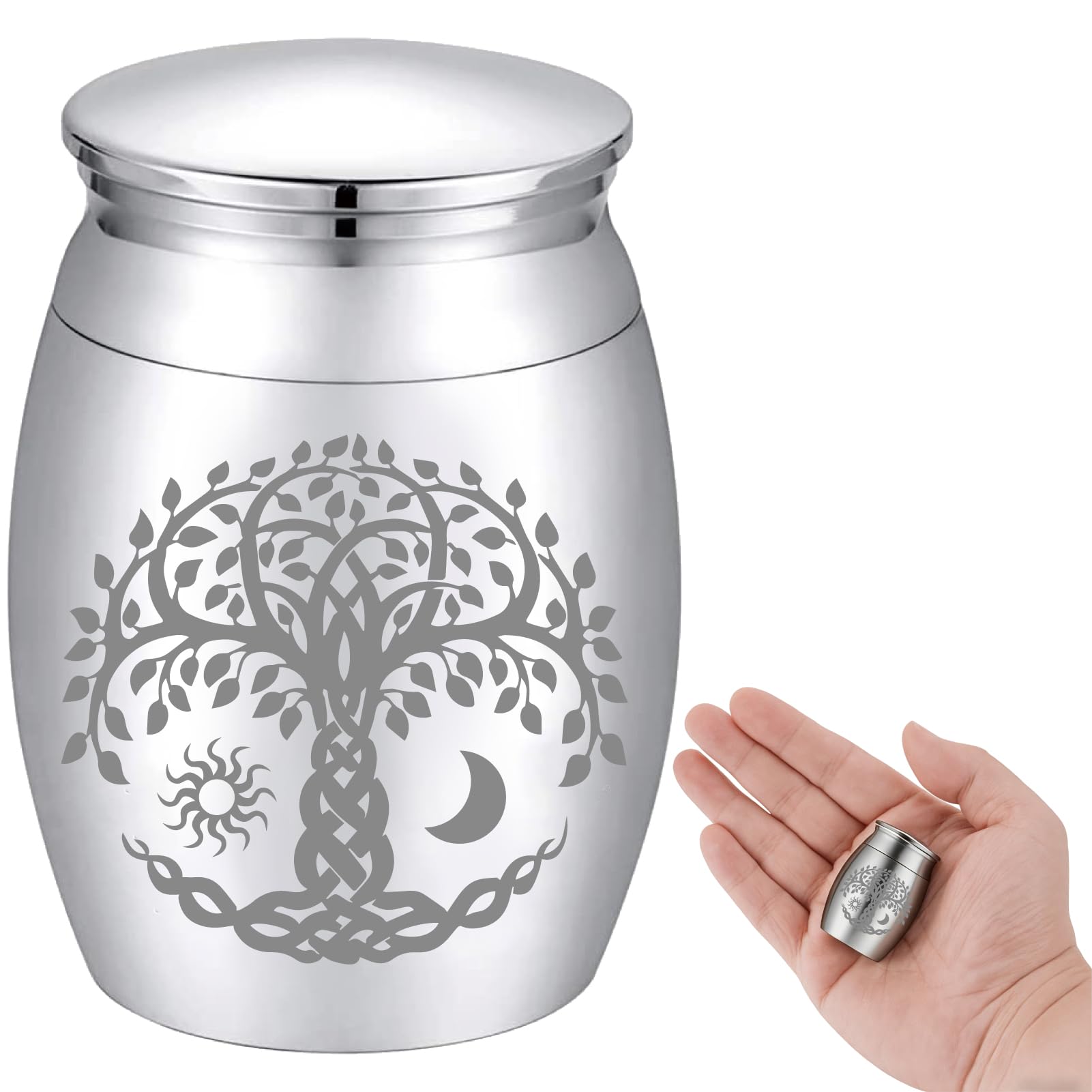 CREATCABIN Small Urns for Ashes Mini Cremation Urns Ashes Keepsake Memorial Stainless Steel Metal Funeral Urn Sun Moon Burial for Pet Human Dog Cat 1.57 x 1.18 Inch-Tree of Life(Silver)