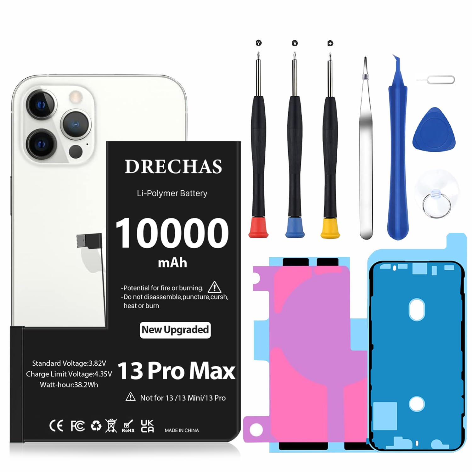 Photo 1 of [10000mAh]Battery for iPhone 13 Pro Max, Upgraded Capacity Li-Polymer Replacement Battery for iPhone 13 Pro Max Models A2645, A2644, A2643, A2641, A2484 with Complete Professional Repair Tool Kit