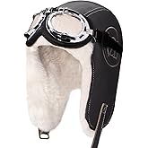 Peicees Aviator Hat with Goggles for Adult Pilot Cap Vintage Goggles Costume with Fur Ear Flaps Winter Trapper Hat Warm