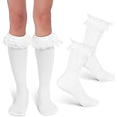 LIFKOME Bow Lace Socks Women Long Ruffle Knee High Stockings White Frilly Socks with Bows for Oktoberfest Dirndl Outfits Comfortable Breathable Fit