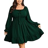 SCOMCHIC Womens Plus Size Dresses Long Sleeve Square Neck Smocked Casual Ruffle A-Line Flowy Fall Mini Milkmaid Dress