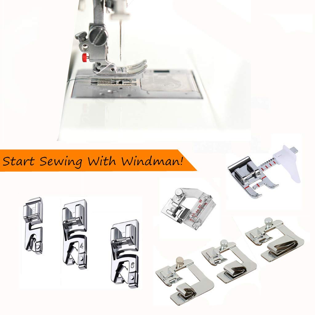 Windman Sewing Hemming Set Includes 3Pcs Wide Hem Foot,3Pcs Narrow Rolled Hem Presser Feet,Bias Tape Binder Foot and Adjustable Guide Presser Foot for Brother Singer Janome Low Shank Sewing Machine