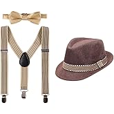 FYMNSI Kid Y-Back Adjustable Brace Suspender Pre-Tied Bowtie Short Trim Fedora Hat 3PCS Outfit for Boys/Girls 2-6T