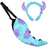 Monster Costume Accessories Set, Furry Blue and Purple Horned Headband with Matching Tail, Halloween Cosplay Party