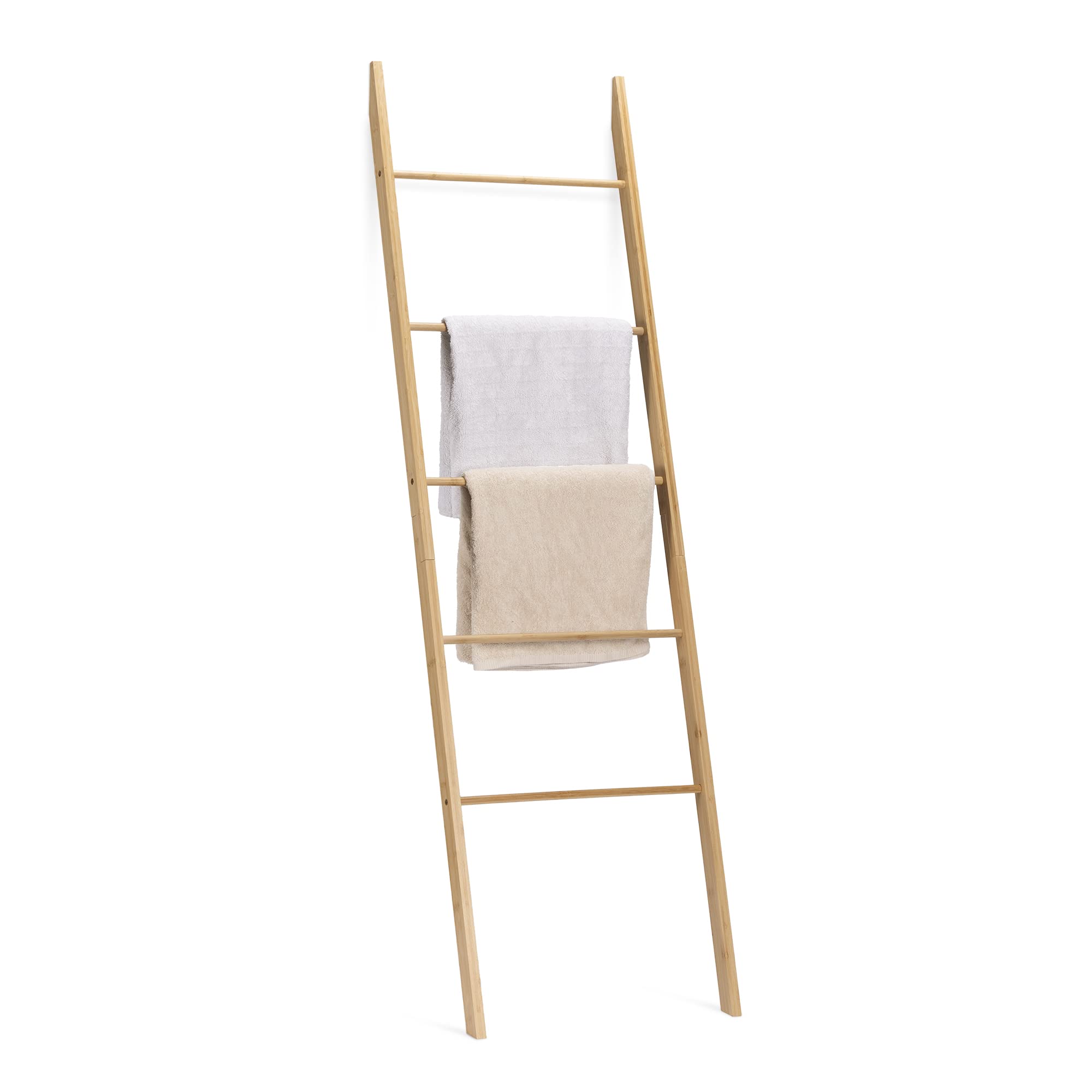Navaris Bamboo Towel Ladder - Wood Rack for Towels, Clothes, Blankets - Wall Leaning Wooden Rack for Bathroom, Bedroom - 5-Tier Towel Holder Stand