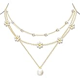 14K Gold Plated Pearl Flower Necklace Set for Women, 3 Pcs Layered Gold Necklaces with Daisy Charm & Pearl Choker, Dainty Stacked Necklaces Trendy Jewelry, Elegant Faux Pearl Accessories Gift