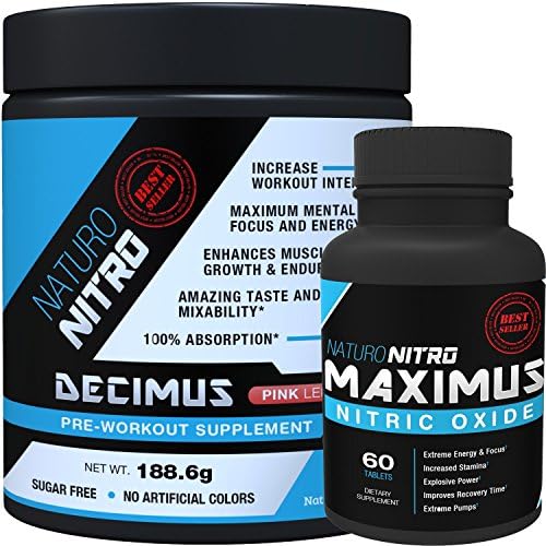 Pump Pack By Naturo Nitro, Decimus Pre-Workout and Maximus Nitric Oxide Tablets Combo Set - One Unit of Each