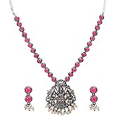 Efulgenz Oxidized Indian Jewelry Sets Choker Necklace Earrings Set Indian Oxidized Antique Boho Crystal Faux Pearl Religious Goddess Laxmi Pendant Necklace Dangle Earrings Bohemian Statement Jewelry Set for Women