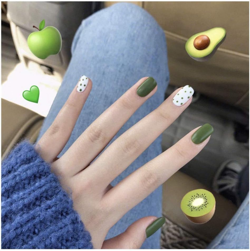 FANCYKIKI Green Avocado Wave Point Fake Nails Short Square Nail Glue Glue Finished Nail Fake Nails (Color : 24 pieces)