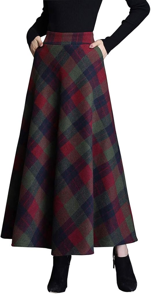 Amazon レディース ロングスカート チェック柄 スカート エレガント マキシ丈 ハイウエスト Aライン 伸縮性のあるウエスト暖かい ウールスカート 秋 冬 プリーツスカート スカート 通販