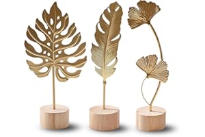 Uimoky Gold Leaf Home Decor Set - Metal Leaves Statues, Modern Artistic Sculptures for Living Room, Office, Shelf & Home Decorative, Handmade 3D Botanical Accents (Monstera, Feather, Ginkgo, 3PCS)