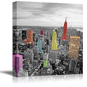 Black and White Photograph of The City with Pops of Color on The Buildings of New York - Canvas Art Home Art - 12x12 inches
